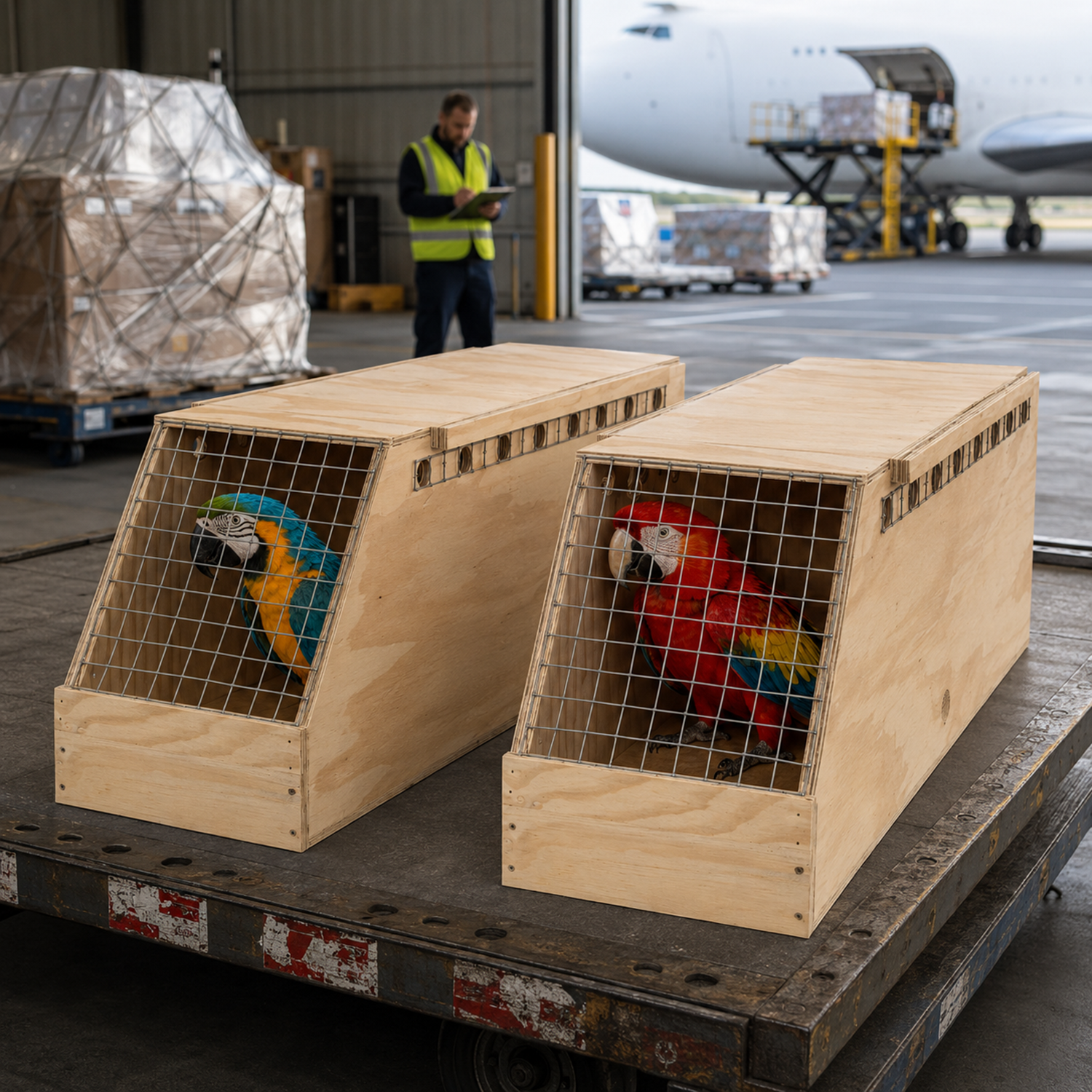 Duas transportadoras de madeira Air Export com uma arara-canindé e uma arara-vermelha num terminal de carga aérea