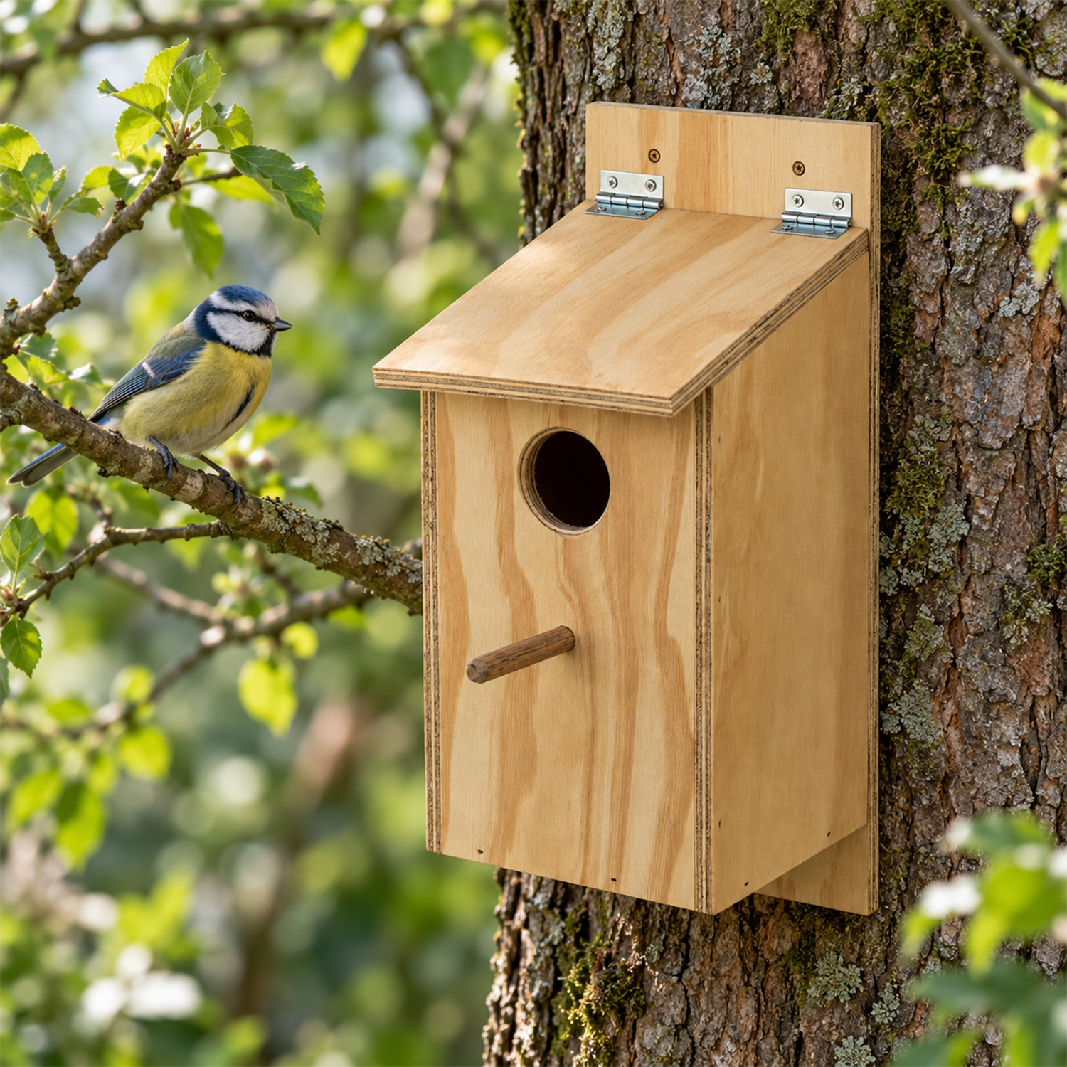 Caixa-ninho de madeira instalada num espaço exterior para aves selvagens